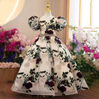 Vestido de niña pequeña para comunión, mangas abullonadas, bordado de rosas, vestido de princesa para fiesta de boda 
