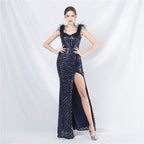 New evening dress craft beaded ostrich hair beads side split evening dress