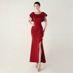 Heavy Industry Bead Tube Satin Evening Dress Deep V Lotus Leaf Pendant Bead Chain Bead Ordering Banquet Skirt