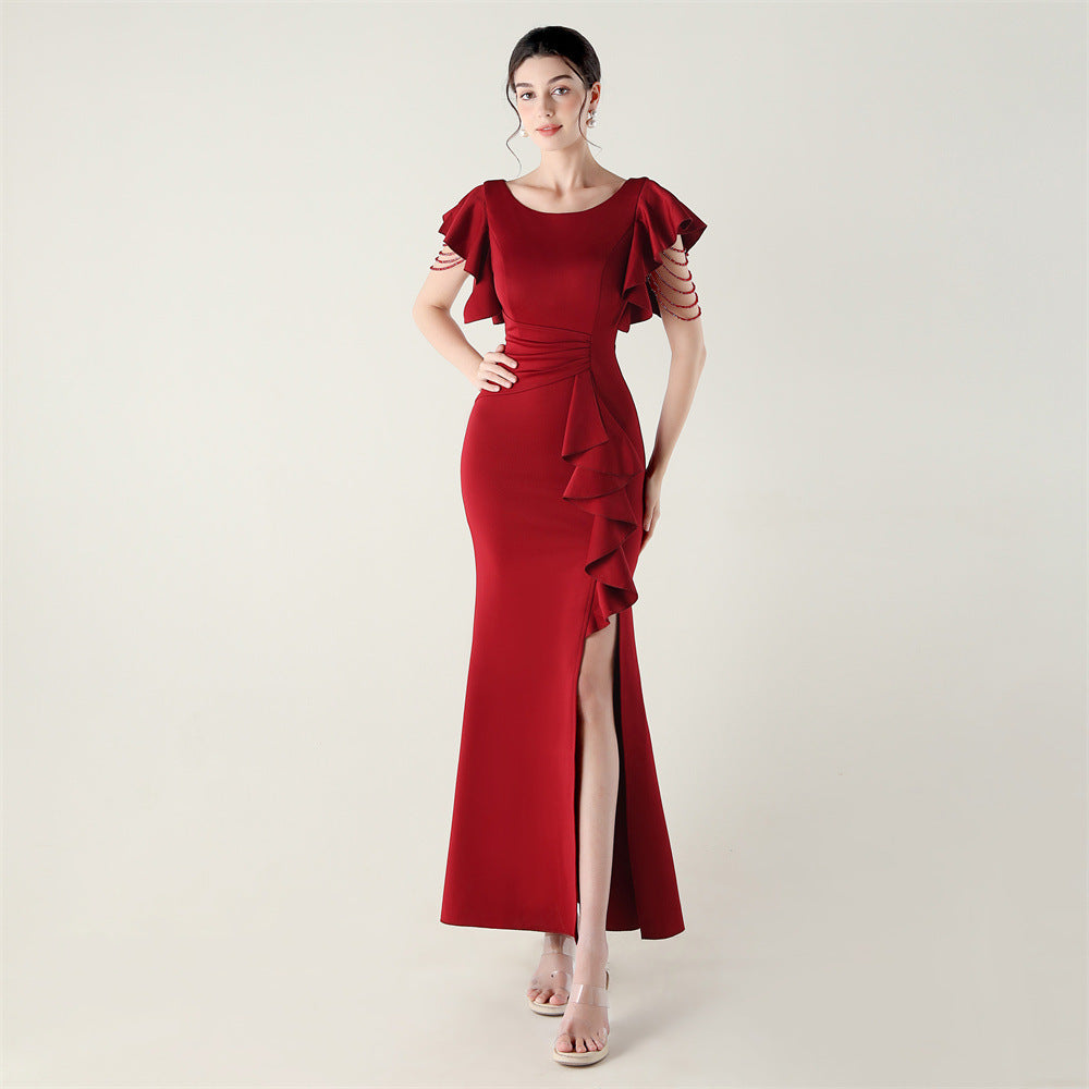 Heavy Industry Bead Tube Satin Evening Dress Deep V Lotus Leaf Pendant Bead Chain Bead Ordering Banquet Skirt