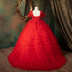 Vestido de Navidad para niña, vestido de comunión para niña pequeña, vestido rojo esponjoso de princesa con cola de cumpleaños, hermoso vestido de desfile 
