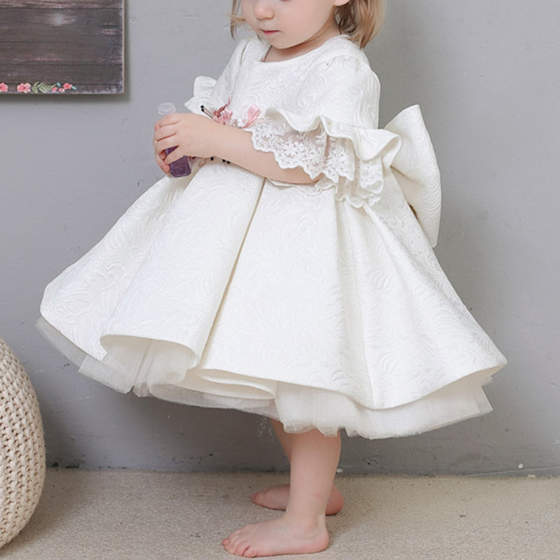 Blumenmädchenkleid, Kleinkind-Kommunionkleid, formelles weißes Kleid mit Schleife und Spitze, Taufkleid 