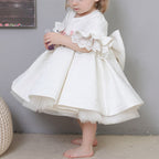 Blumenmädchenkleid, Kleinkind-Kommunionkleid, formelles weißes Kleid mit Schleife und Spitze, Taufkleid 