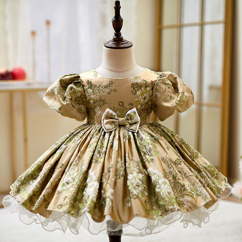 Kleinkind-Abendkleid, Mädchen-Kommunionskleid, Vintage-Rundhalsausschnitt, bedrucktes Prinzessinnenkleid 