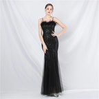 New craft order ostrich hair mesh bead long evening dress