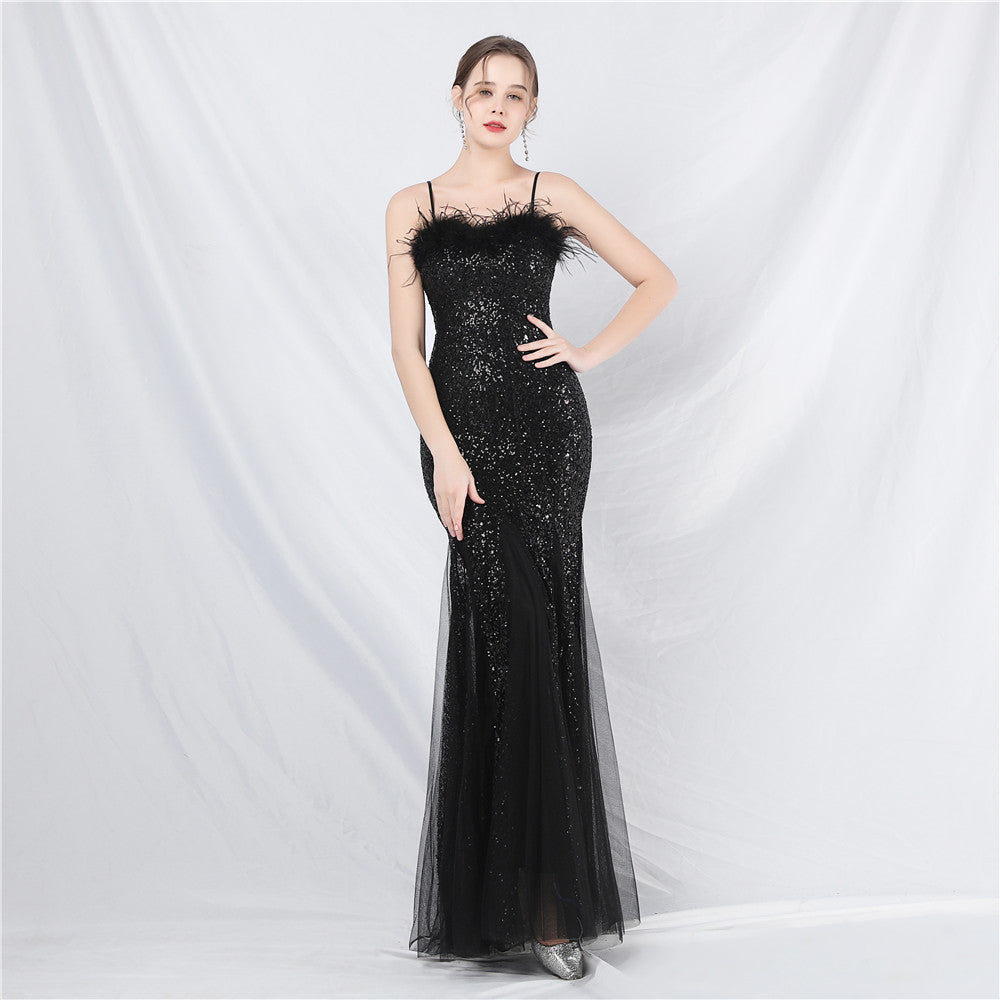 New craft order ostrich hair mesh bead long evening dress