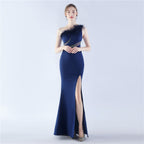 New shoulder craft order ostrich hair hot diamond high-end evening dress