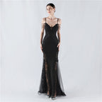 Heavy Industry Hot Drilled Fishbone Vest Lace Lace Bead High Fork Evening Dress