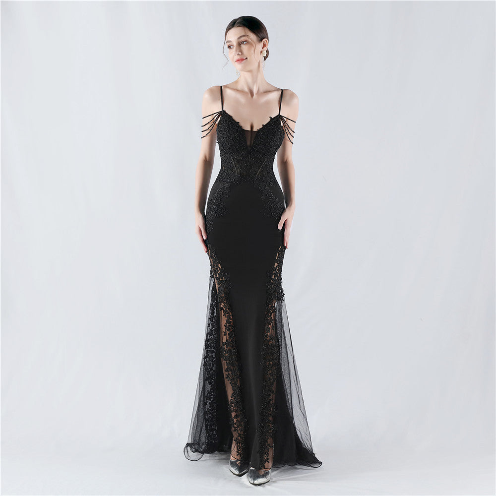 Heavy Industry Hot Drilled Fishbone Vest Lace Lace Bead High Fork Evening Dress
