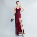 New high-density sequins bundled waist styling side split high-end evening dress