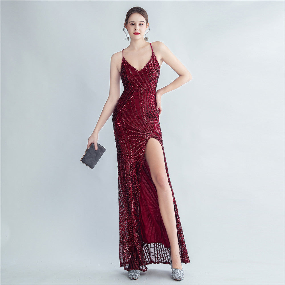 New high-density sequins bundled waist styling side split high-end evening dress