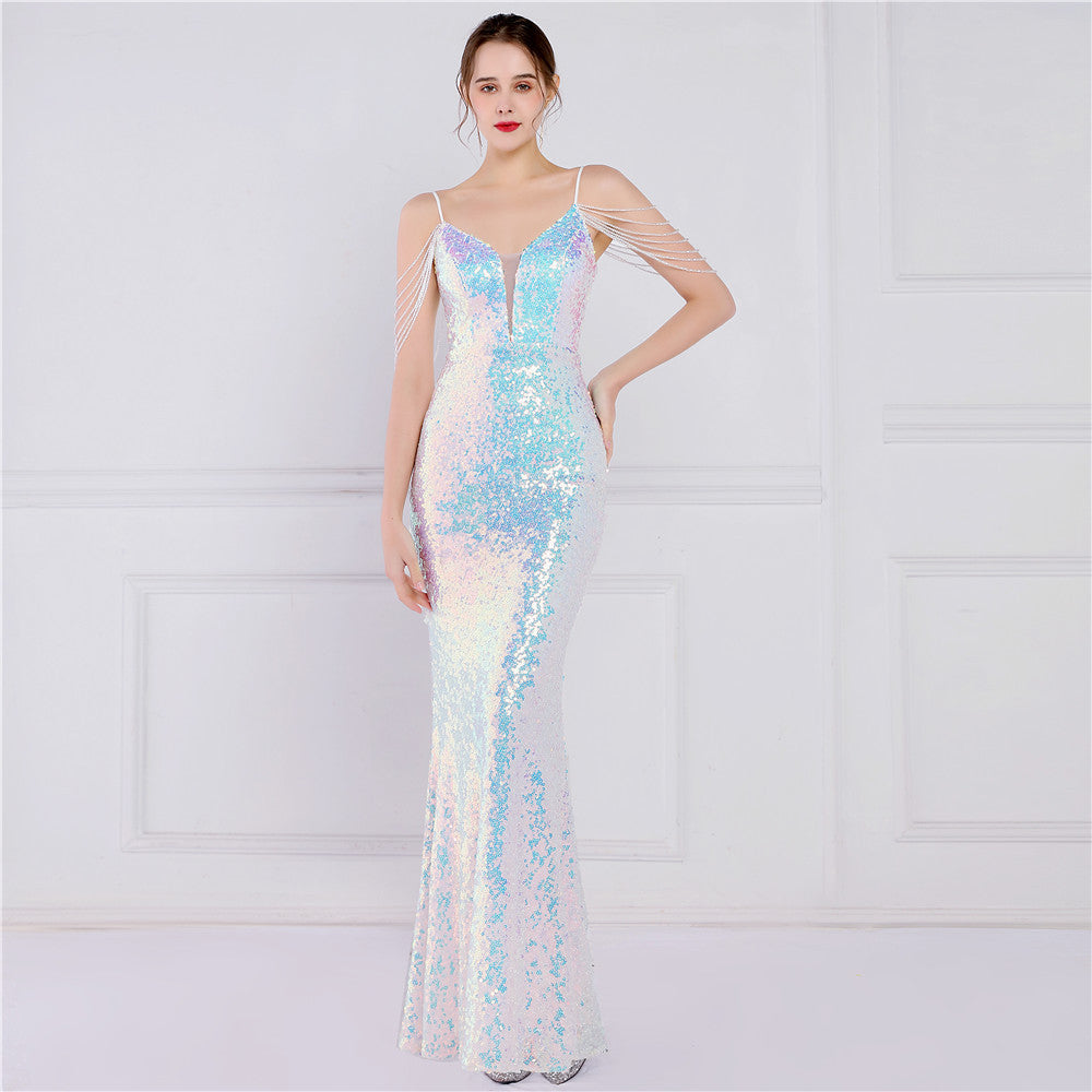 New sequined fishtail long dress performance Internet celebrity event banquet car model etiquette evening dress