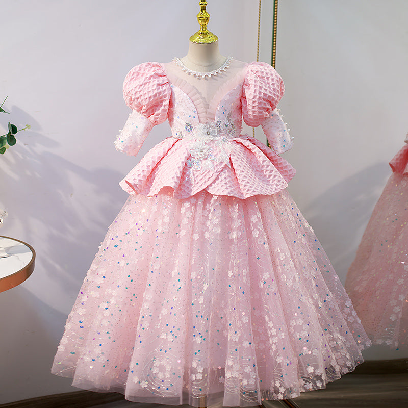 Blumenmädchenkleid für Kinder, Kommunion, Festzug, elegant, süß, Pailletten, rosa, Prinzessinnenkleid 