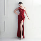 Craft beaded mesh yarn perspective split fork European and American sexy dress long