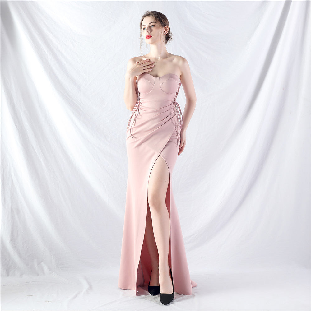 New trend two kinds of rope binding method waist setting ear satin evening dress