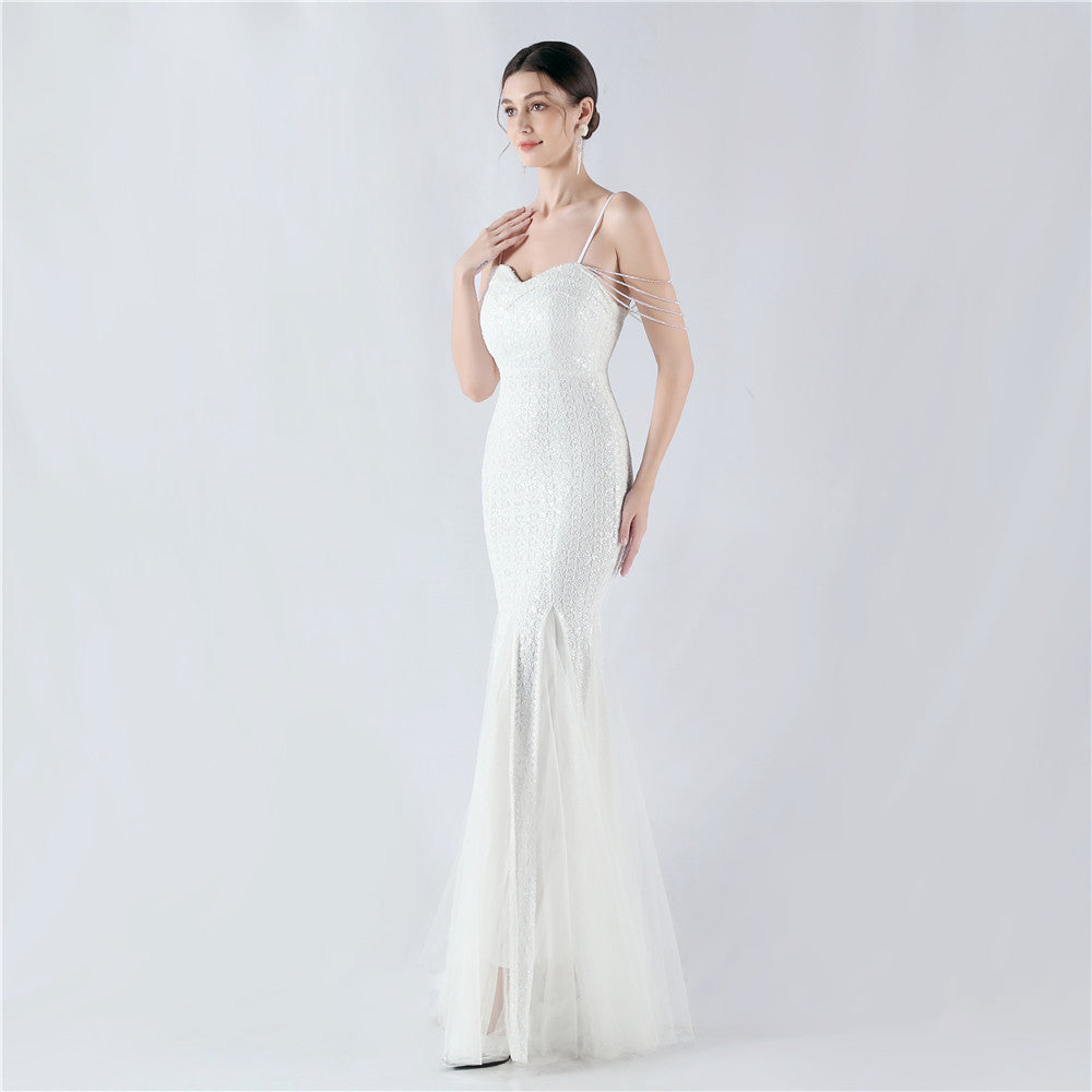 New dress craft beaded mesh sequined evening dress, performance, hosting, annual meeting