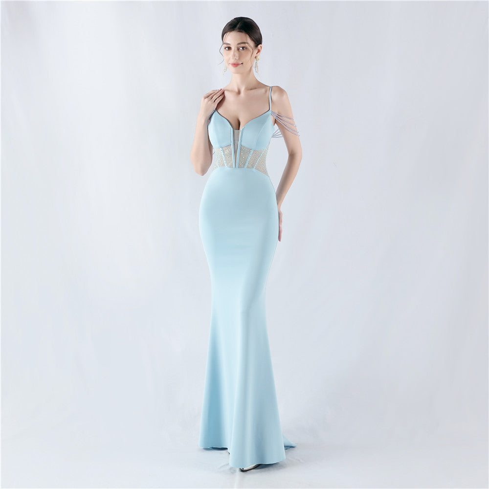 Evening dress waist fish bone beads hot diamond banquet performance host evening dress