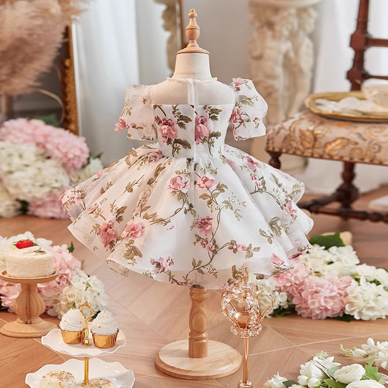 Elegante vestido de fiesta de cumpleaños floral con mangas abullonadas de malla para bebé, vestido de primera comunión para niña pequeña 