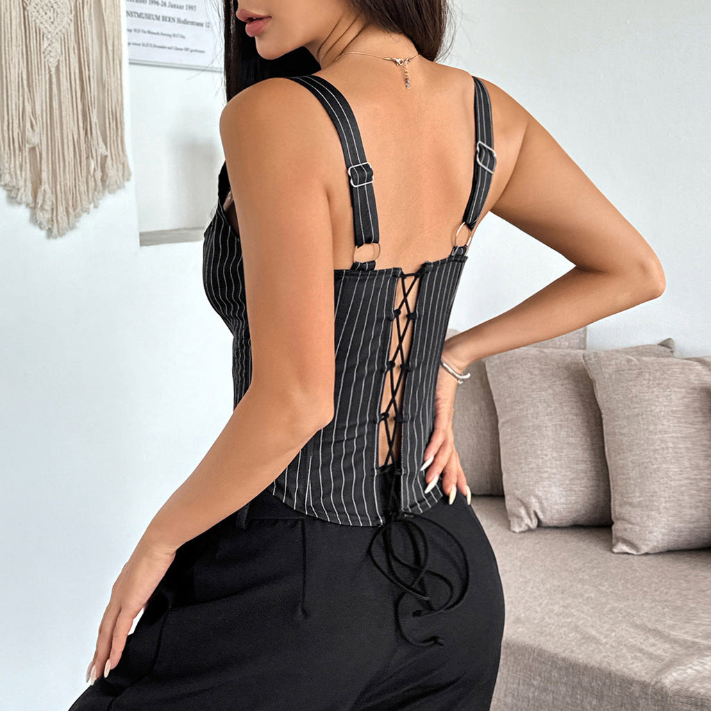 Striped Color Block Ruffle Trim Boned Cami Top