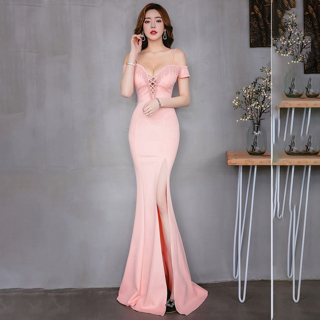 New long and slim bridesmaids evening dress party banquet host performance annual meeting dress