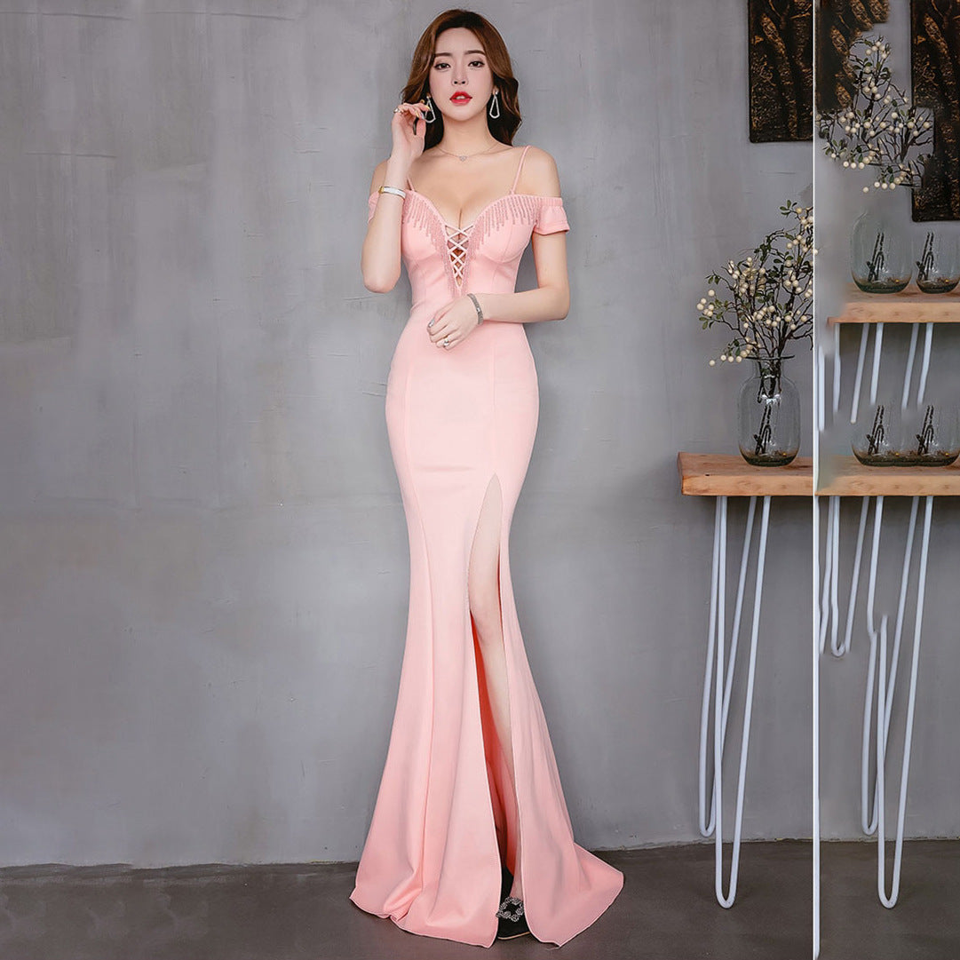 New long and slim bridesmaids evening dress party banquet host performance annual meeting dress