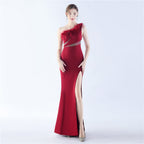 New shoulder craft order ostrich hair hot diamond high-end evening dress