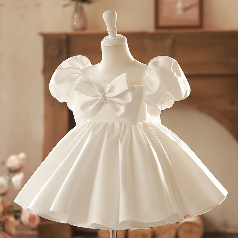 Sweet Baby Girls Pure White Bow Waist Princess Dress Toddler First Communion Dress