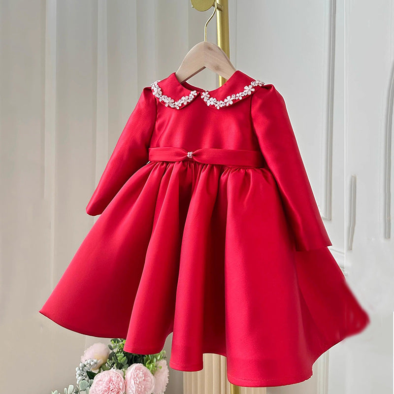 Lindo vestido de princesa rojo con cuello de muñeca de flores para niña, vestido de primera comunión para niña pequeña 