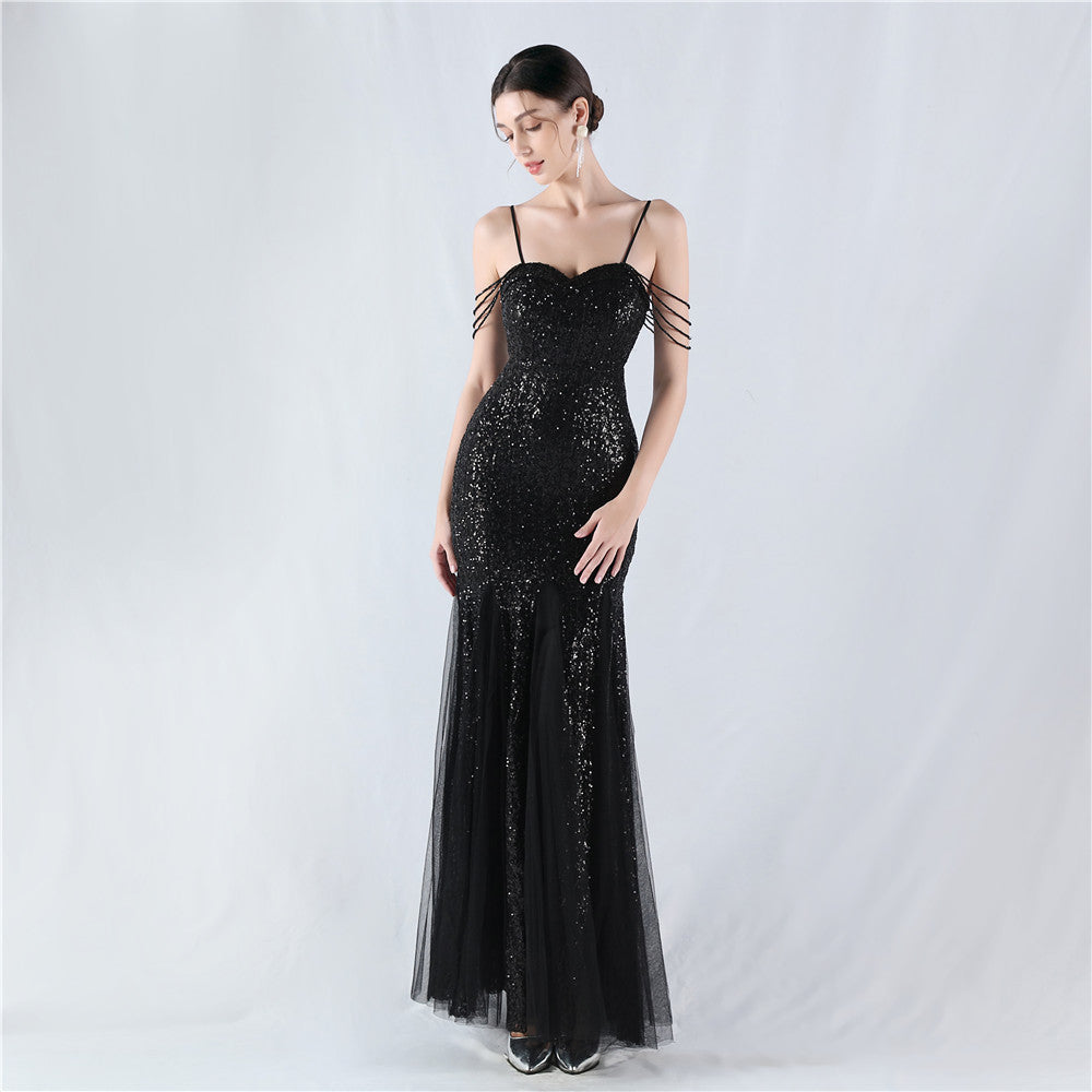 New dress craft beaded mesh sequined evening dress, performance, hosting, annual meeting