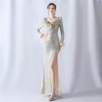 High-end evening dress decorated with ostrich hair craft wavy beads