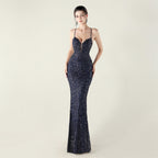 New Bead Embroidery Sequins Waist Strap Deep V Heart Suspender Evening Dress, Banquet Party