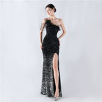 New extended ostrich hair beaded sequined single shoulder diagonal neck high fork evening dress