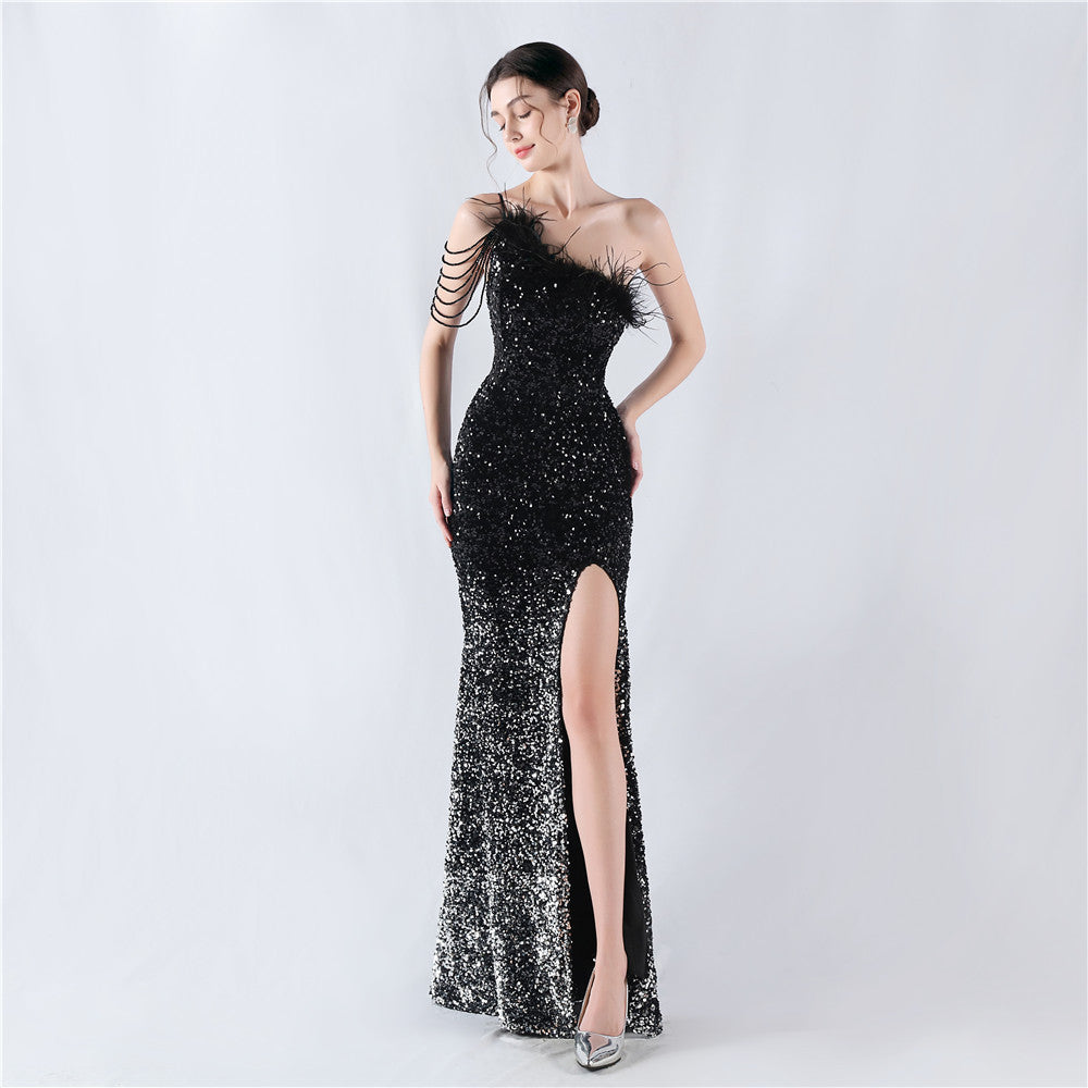 New extended ostrich hair beaded sequined single shoulder diagonal neck high fork evening dress