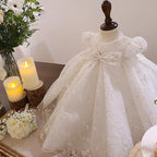 Vestido de comunión con lazo y mangas abullonadas estampado para niña de las flores 