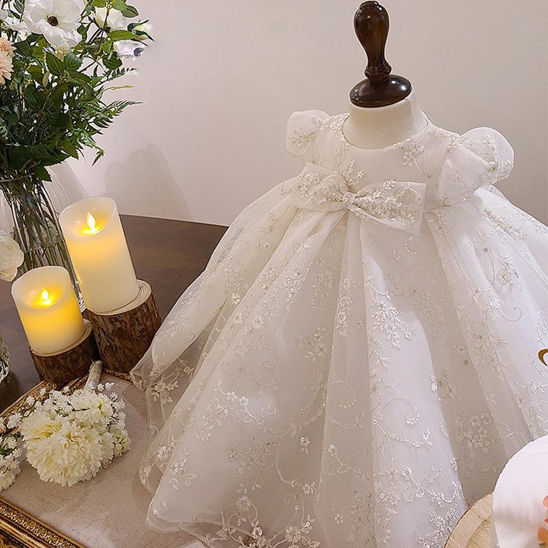 Vestido de comunión con lazo y mangas abullonadas estampado para niña de las flores 
