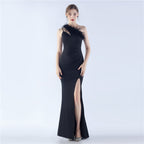 New craftsmanship Order ostrich hair banquet performance satin long evening dress
