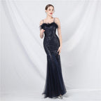New craft order ostrich hair mesh bead long evening dress
