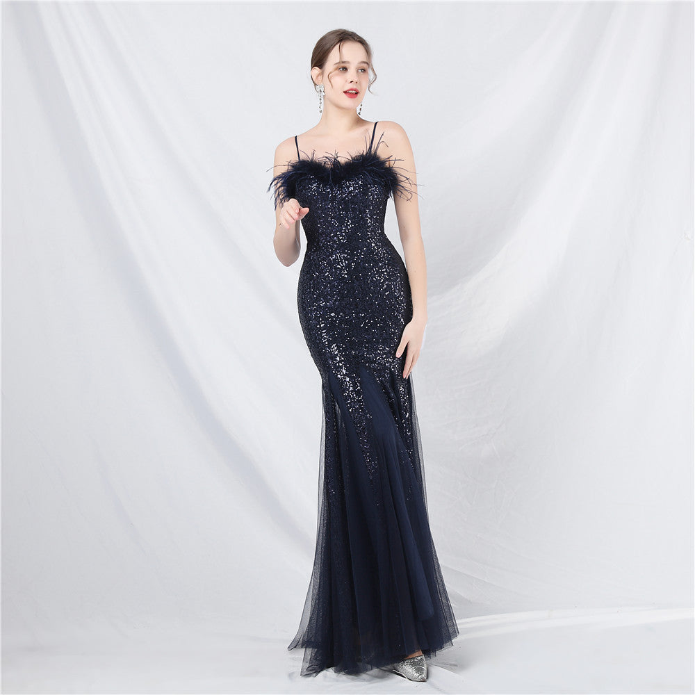 New craft order ostrich hair mesh bead long evening dress