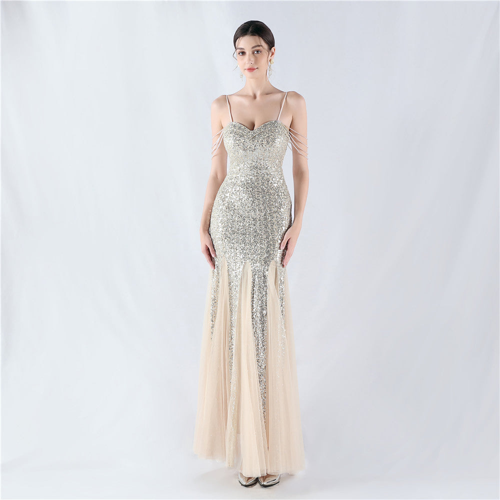 New dress craft beaded mesh sequined evening dress, performance, hosting, annual meeting