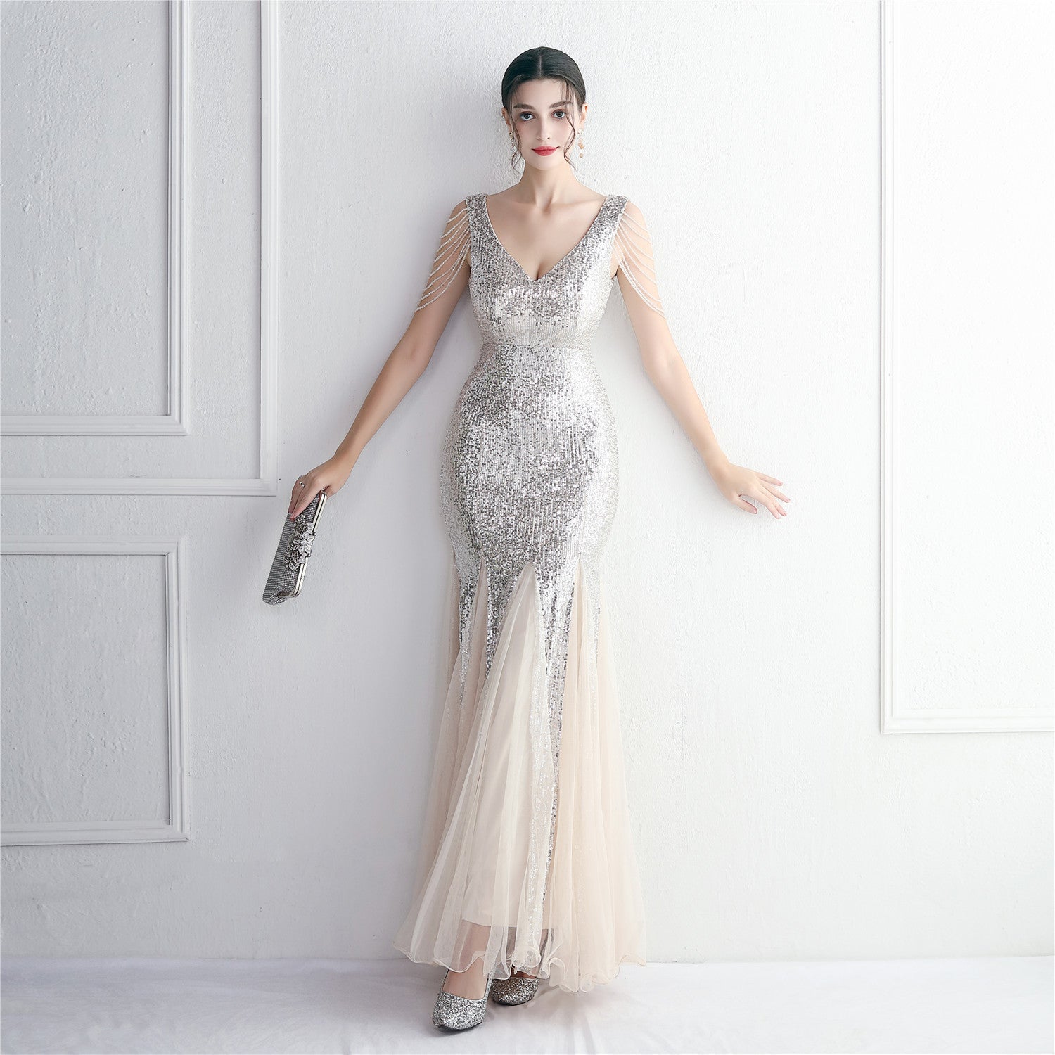 Bead mesh yarn craft bead ordering evening dress long style banquet slim evening dress temperament elegant long style