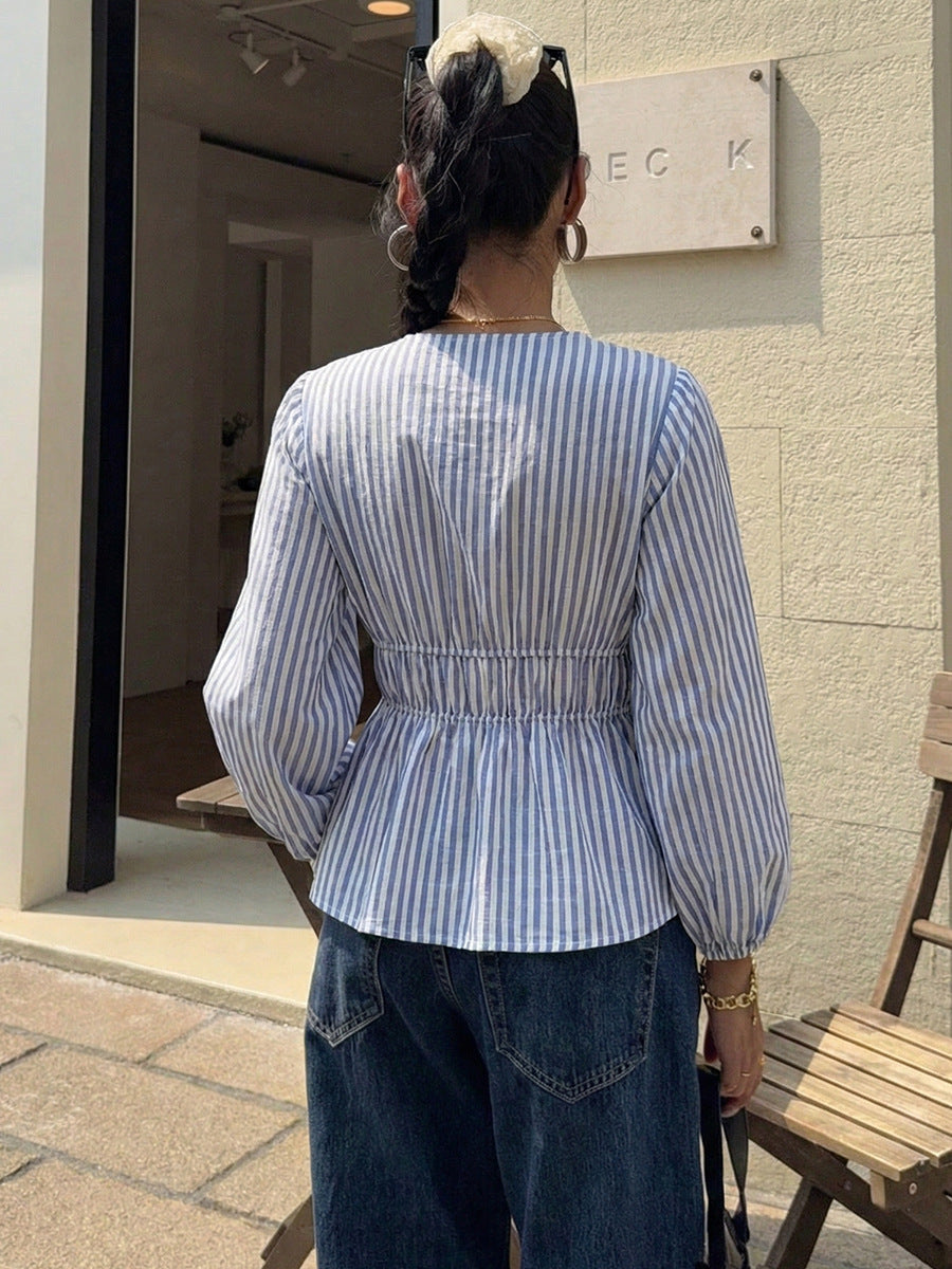Elegant Stripe Long Sleeve Tie Blouse