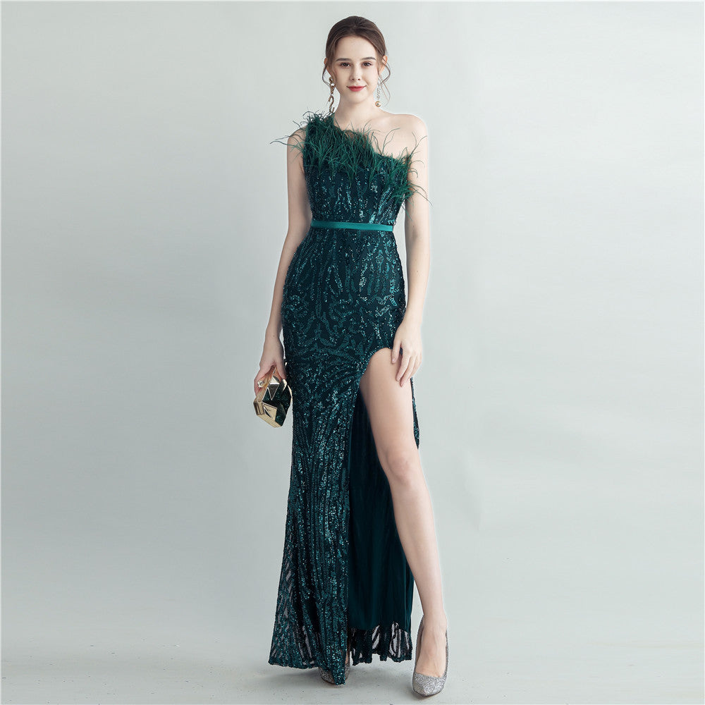 Heavy industry ostrich hair craft bundle hair slant shoulder side split high-end evening dress