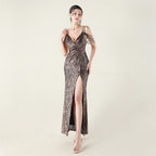 New deep V suspender sequined fishtail evening dress beaded decorative sexy night banquet dress