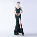 Symphony bead side split long suspender evening dress
