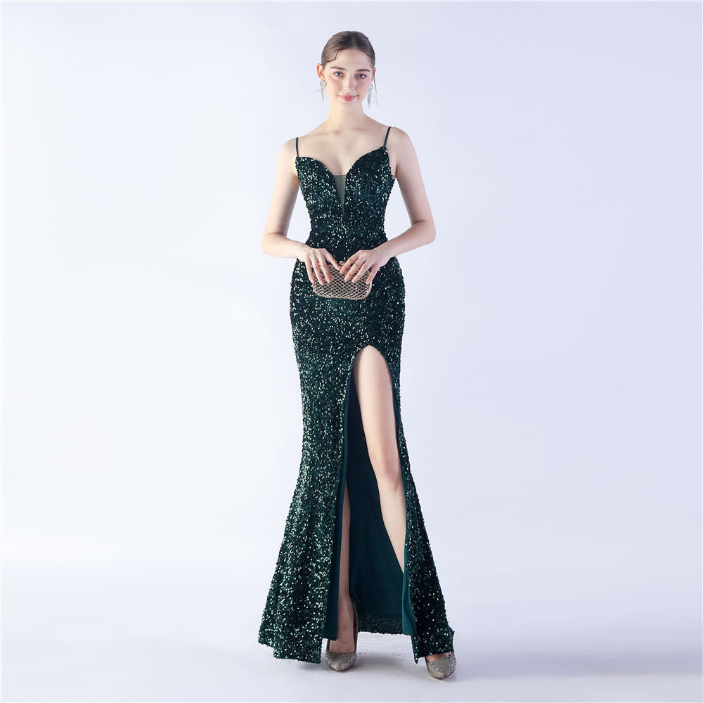 Symphony bead side split long suspender evening dress