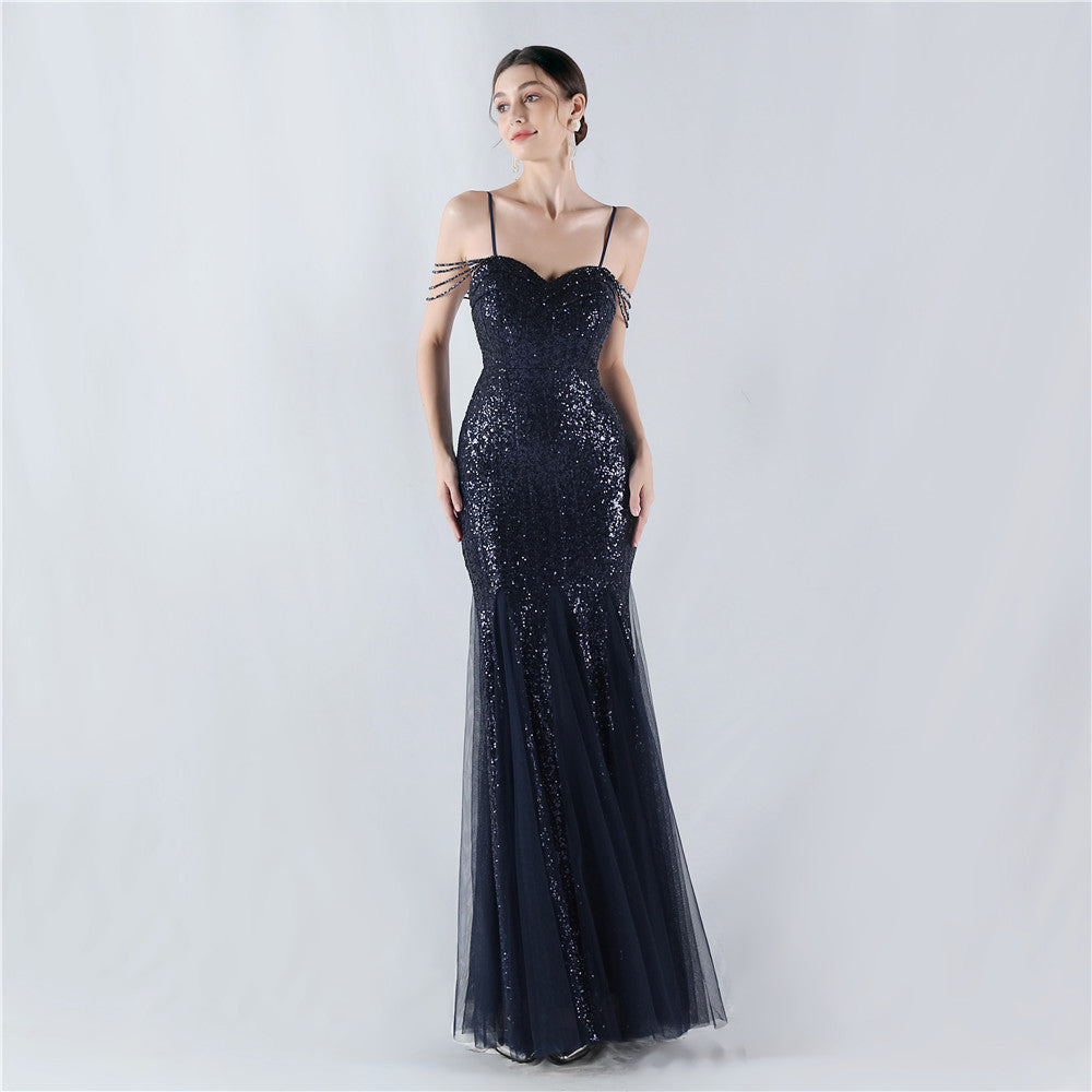 New dress craft beaded mesh sequined evening dress, performance, hosting, annual meeting