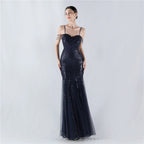 New dress craft beaded mesh sequined evening dress, performance, hosting, annual meeting