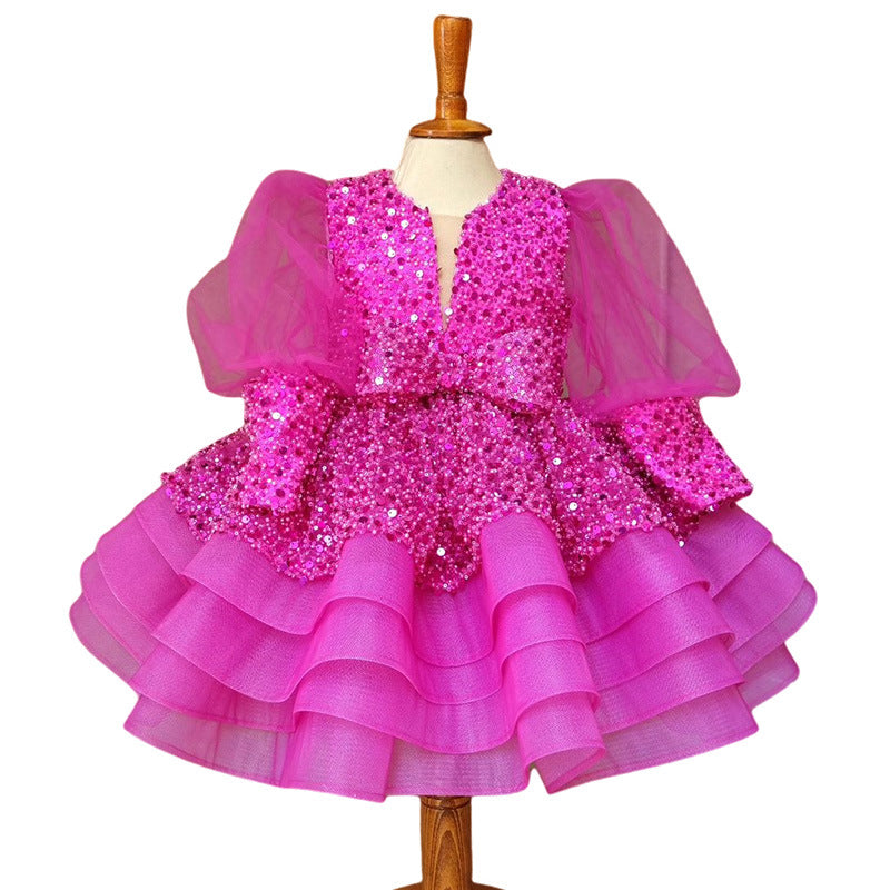 Elegantes Paillettenkleid aus Mesh mit Puffärmeln für Babys und Kleinkinder – Prinzessinnenkleid für die Erstkommunion 