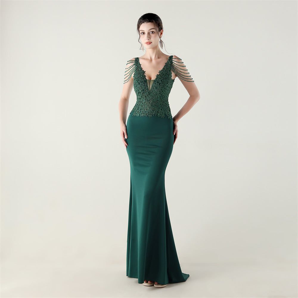 New Bead Lace Bead Embroidery Evening Ceremony, Off-Shoulder Fishtail Dress, Red Carpet Wedding Banquet Dress