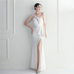Craft beaded mesh yarn perspective split fork European and American sexy dress long